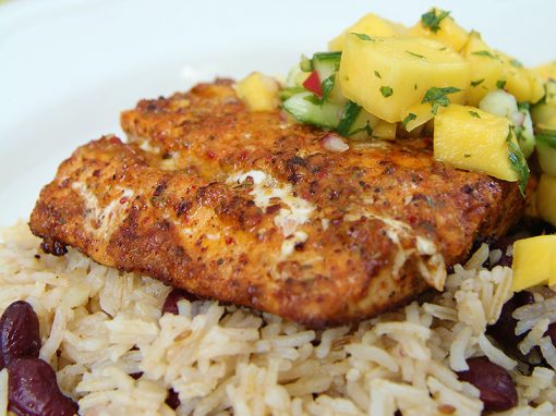 Cajun Salmon with Mango Salsa and Beany Rice