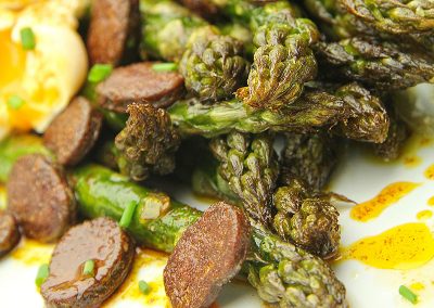 Roasted Asparagus with Chorizo and Poached Egg