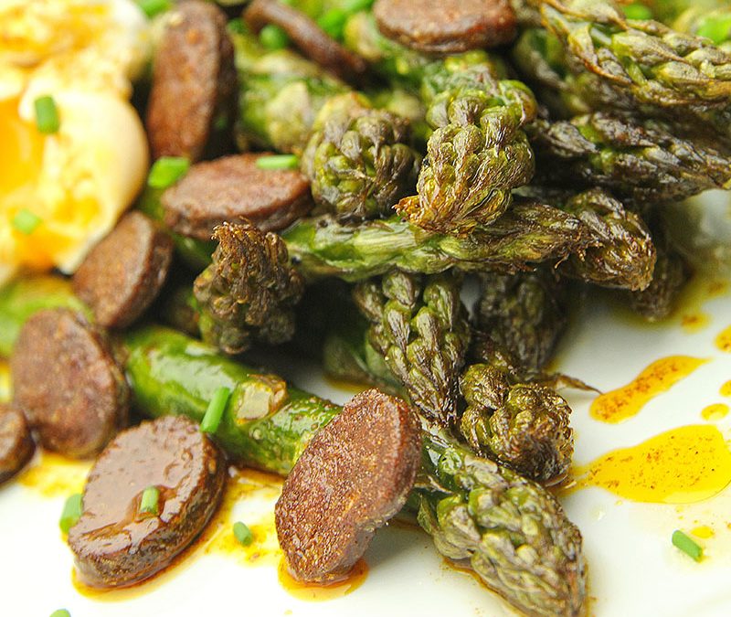 Roasted Asparagus with Chorizo and Poached Egg