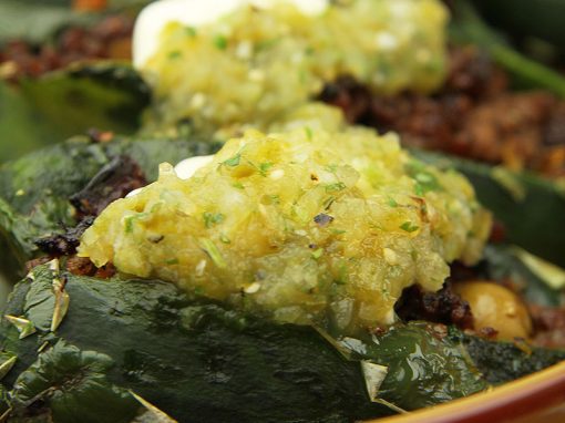 Stuffed Poblanos with Roasted Tomatillo Salsa