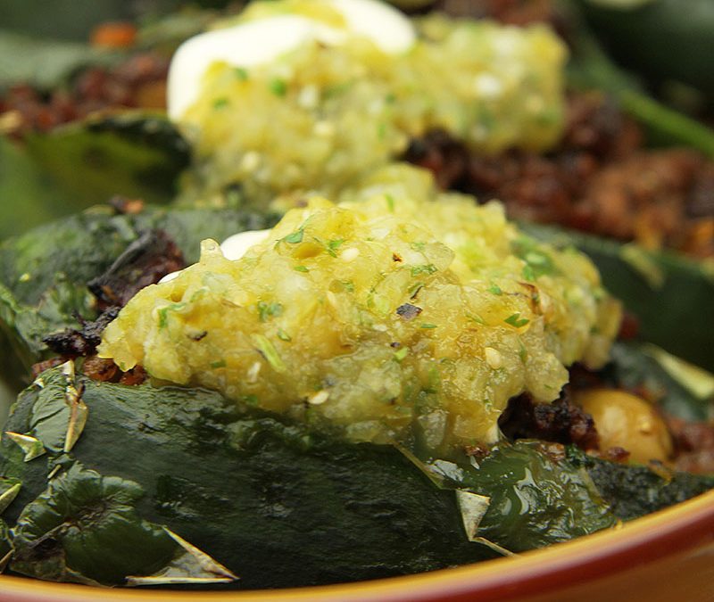 Stuffed Poblanos with Roasted Tomatillo Salsa