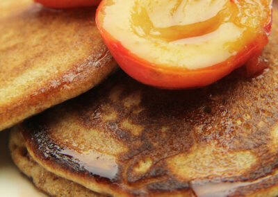 Spelt Pancakes with Baked Spiced Plums