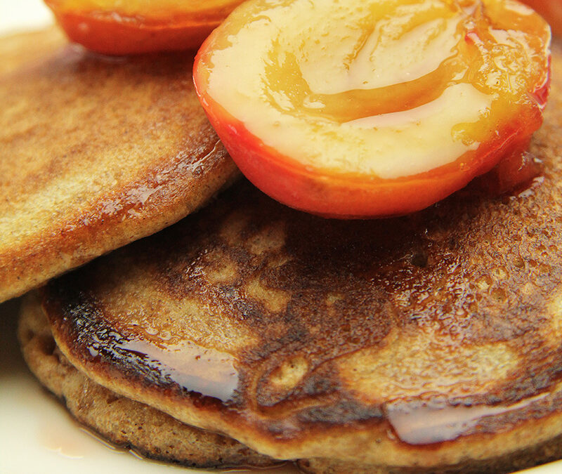 Spelt Pancakes with Baked Spiced Plums