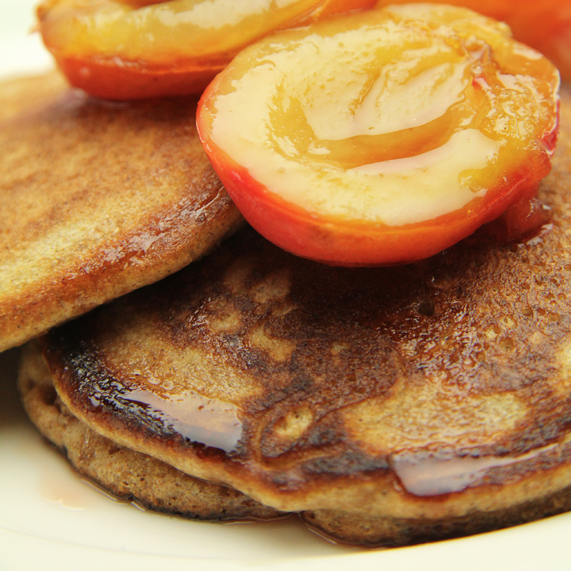 Spelt Pancakes with Baked Spiced Plums – AFT